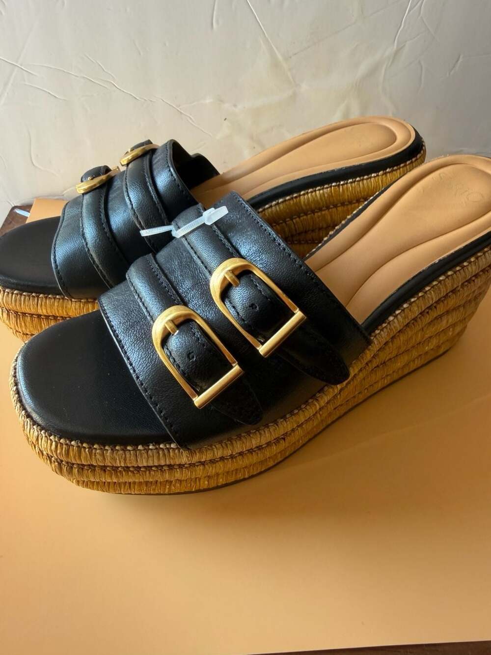 Sarto Black Raffia Platform Wedge Slide Sandals with Buckle Details
